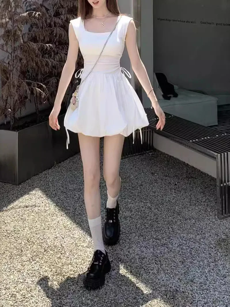 

Ballet style square neckline drawstring waist cinched pleated dress for women sweet summer girl short dress sexy fluffy SXTX