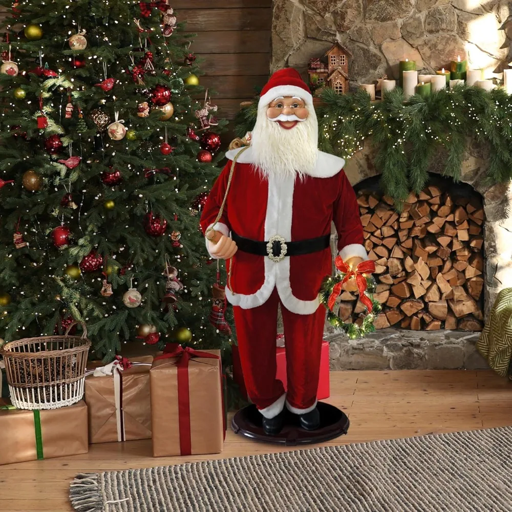 Life Size Dancing Santa Sculpture,Motion Activated Christmas Animatronic , with Wreath and Gift Sack,Holiday Decorations.