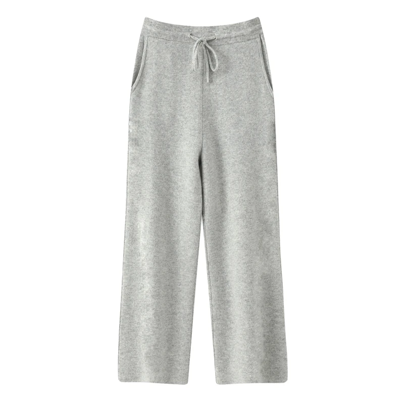 2025 Heren 100% merinowol dikke elastische taille wijde pijpen herfst winter gebreide broek warme comfortabele casual losse lange broek