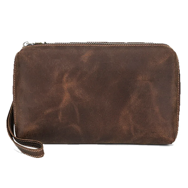 

Anti-theft Brush Vintage Crazy Horse Cowhide Men's Clutch Bag with Wristband Mobile Phone Storage Wallet 8-inch Large Capacity