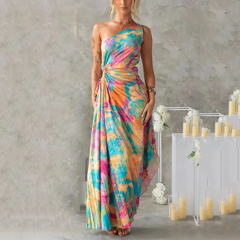 ผู้หญิงฤดูร้อนใหม่ชุดยาวไม่สม่ําเสมอเซ็กซี่Backless Lace Upพิมพ์ลายดอกไม้Pullover Slimบางชุด