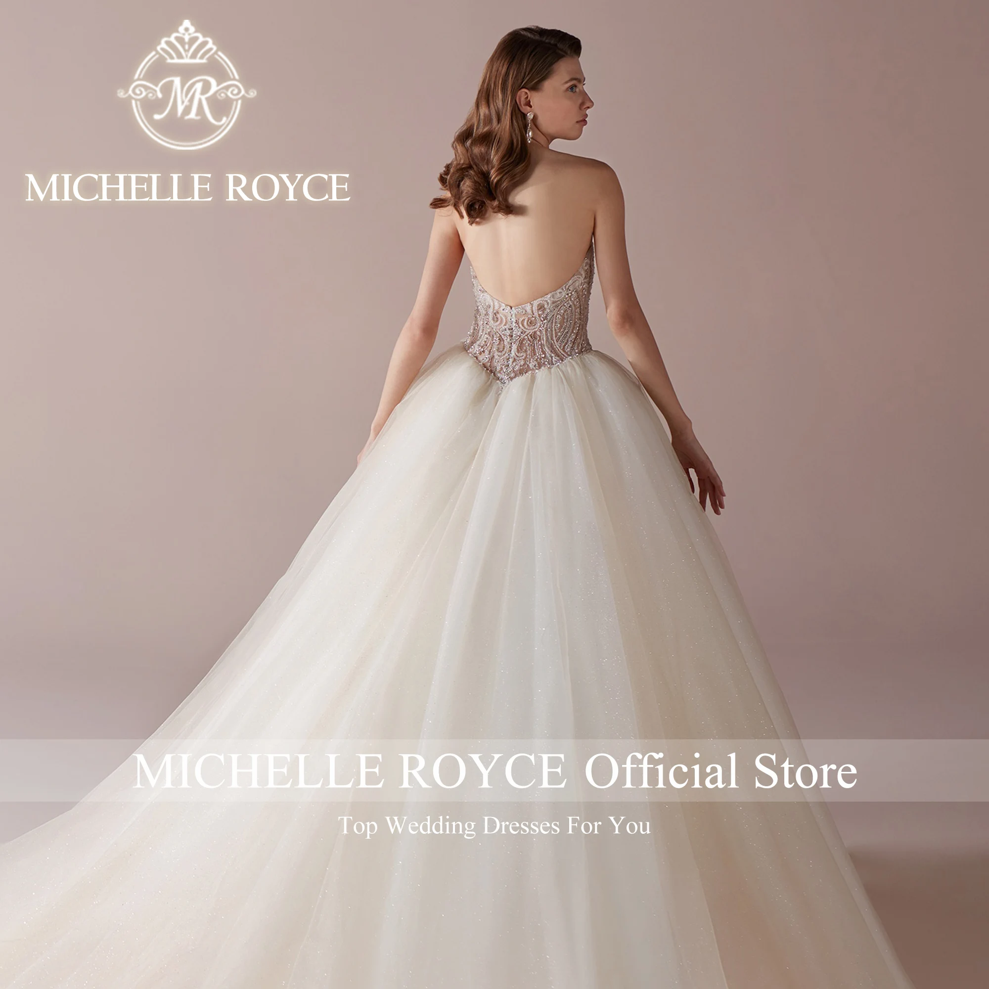 Michelle Royce ชุดเดรสชุดราตรีงานแต่งแฟชั่นใหม่2023ชุดเจ้าสาวหวานแขนกุดผ้าปะติดชุดแชมเปญ