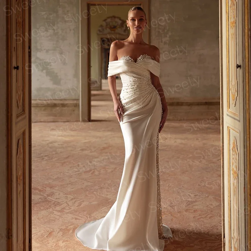 Abito da sposa a sirena staccabile 2 in 1 in taffettà con perline Abito da ballo in pizzo con scollo a barca senza maniche con cerniera da sposa Robe MariéE in raso