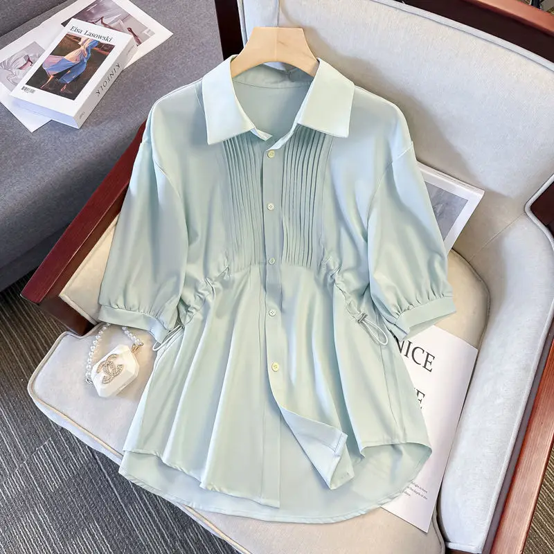 Oversized Women's Summer French Elegant Chiffon Short Sleeved Shirt Chubby Girls Slimming and Flesh Covering Trendy Shirts Tops