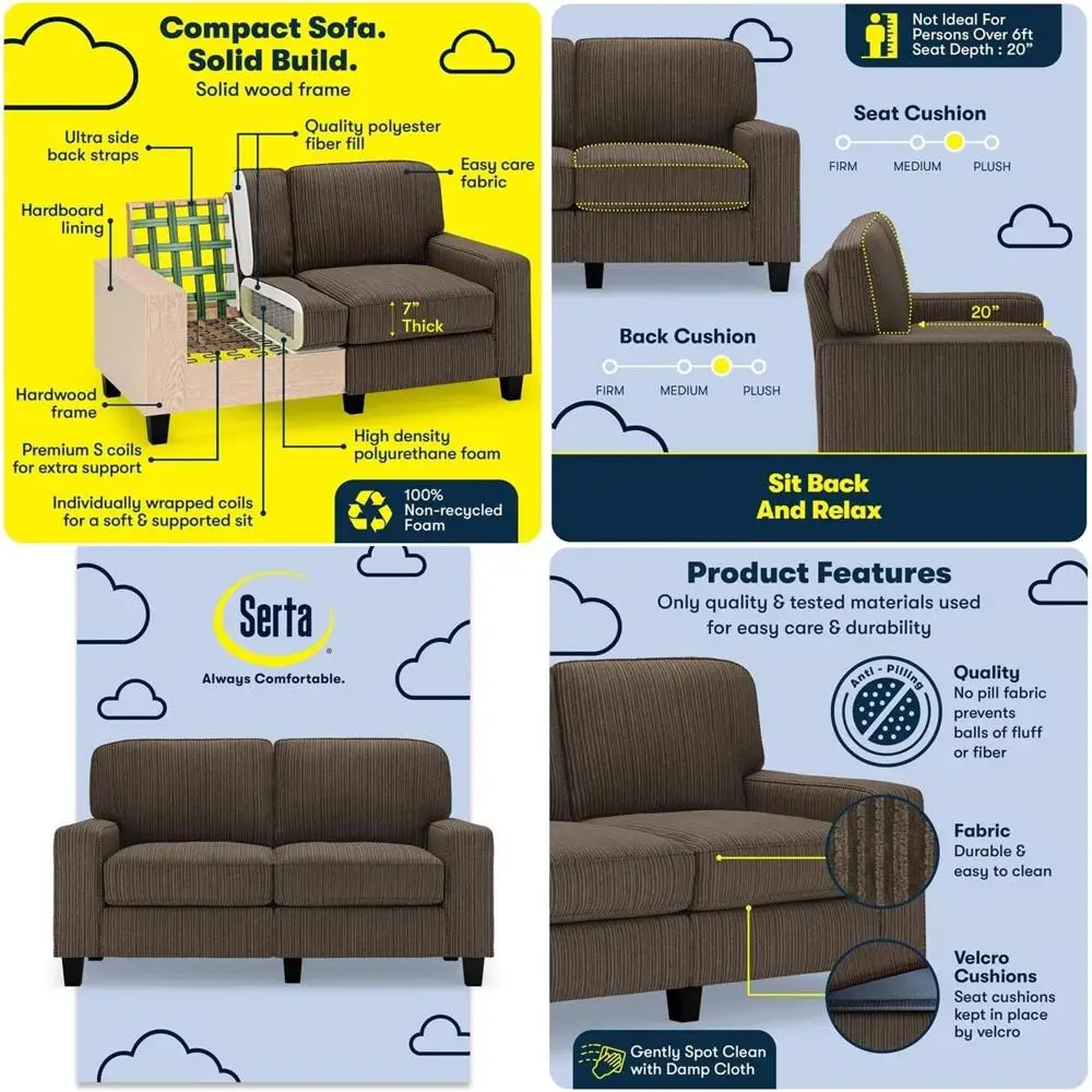 

Compact Brown Loveseat with Removable Covers, Solid Wood Frame, High-Density Foam Cushions for Living Room or Home Office