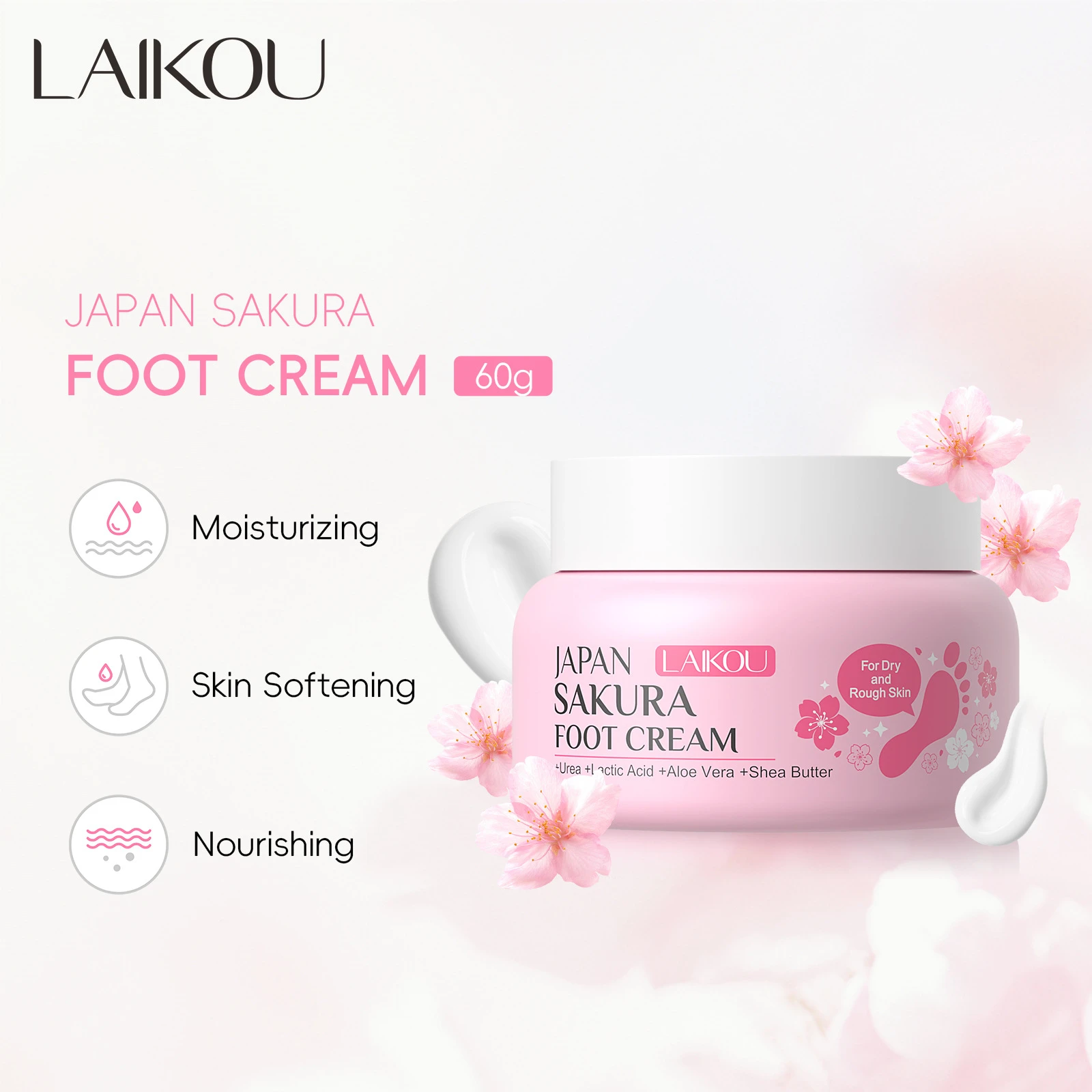 LAIKOU Japanese Sakura Foot Care Cream, Intense Moisturizing Nourishing Balm for Dry Skin, Softening Heel Treatment 60g