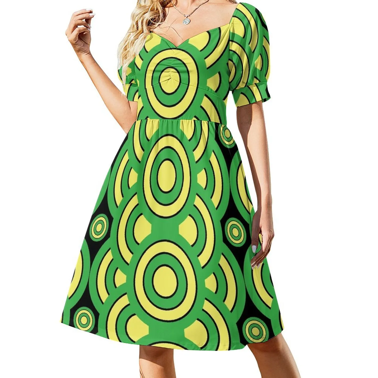 

60s 70s Style - Retro Modern Green Yellow Circles - Vintage Mid-Century Short Sleeved Dress summer dress daily Dress