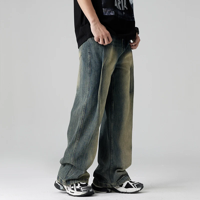 High end patchwork men jeans embroidered with fashionable retro vintage distressed loose fitting straight leg design denim pants