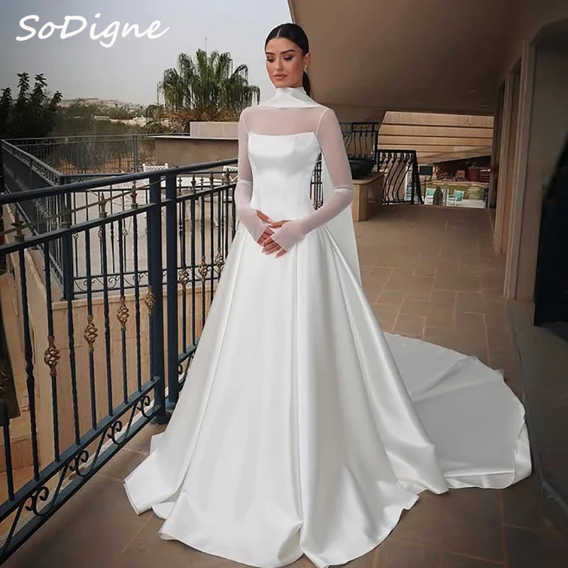 

SoDigne A-line Satin Wedding Dresses High Neck Full Sleeves Bridal Dress Simple Long Wedding Gown Robe De Mairee ﻿Customized