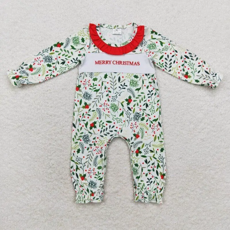 Wholesale baby clothes girl embroidery christmas print short sleeve jumpsuit girl winter romper