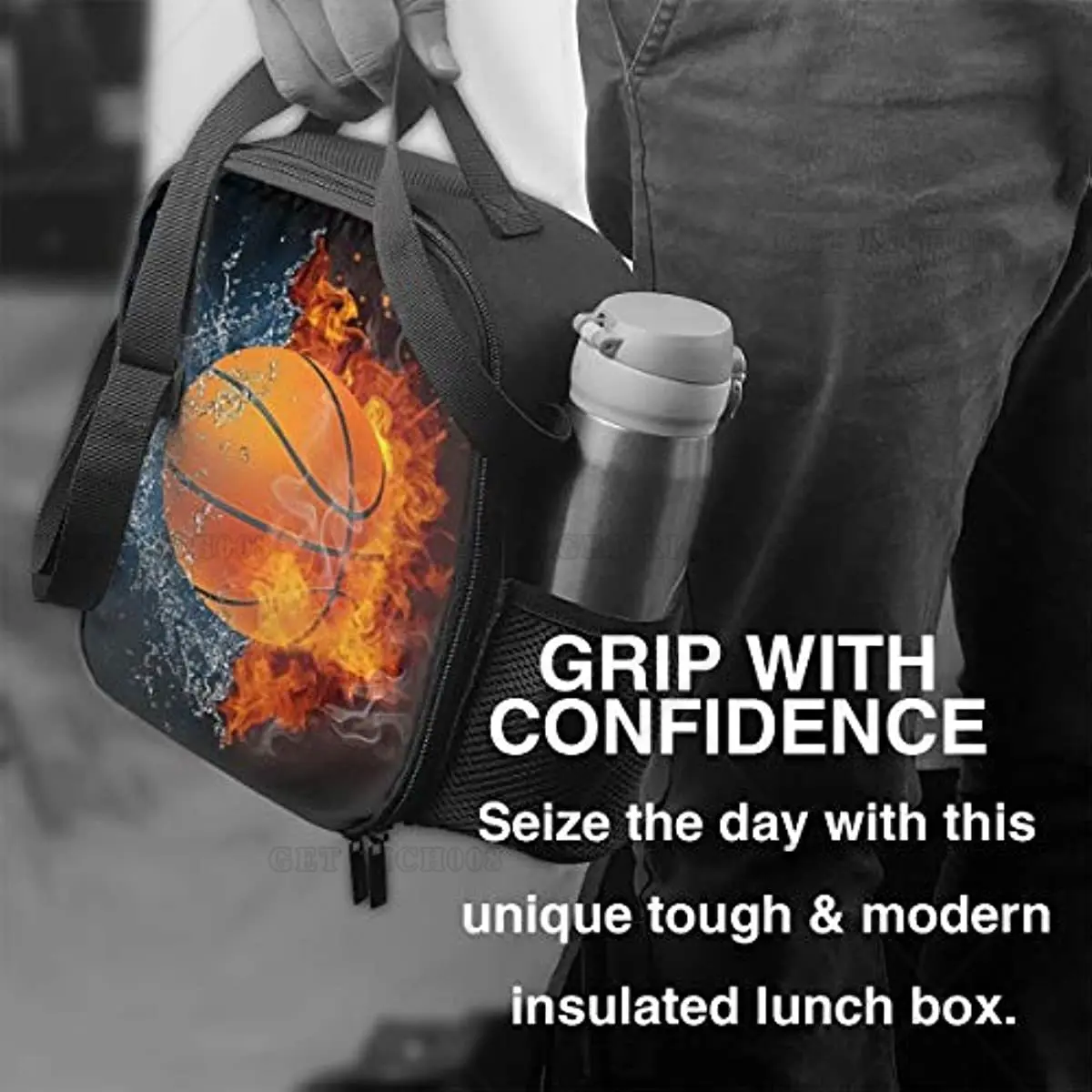 BasketBall Insulated Durable Lunch Box with Shoulder Strap School Lunch Bag Lunch Tote Box Bag for Office School Picnic Beach