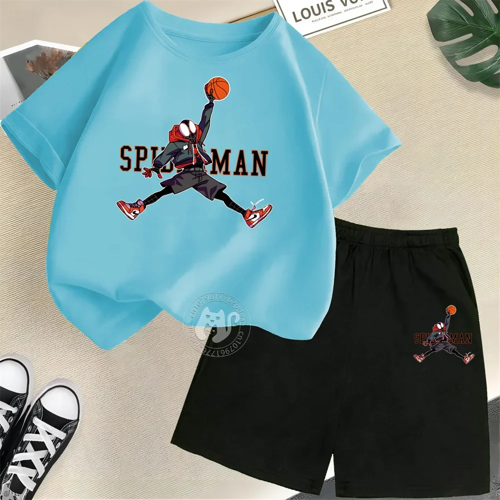 Summer Kids 100% cotton Short sleeve T-shirt + Shorts Boys Girls Spiderman Jump Play Basketball printed street casual suit