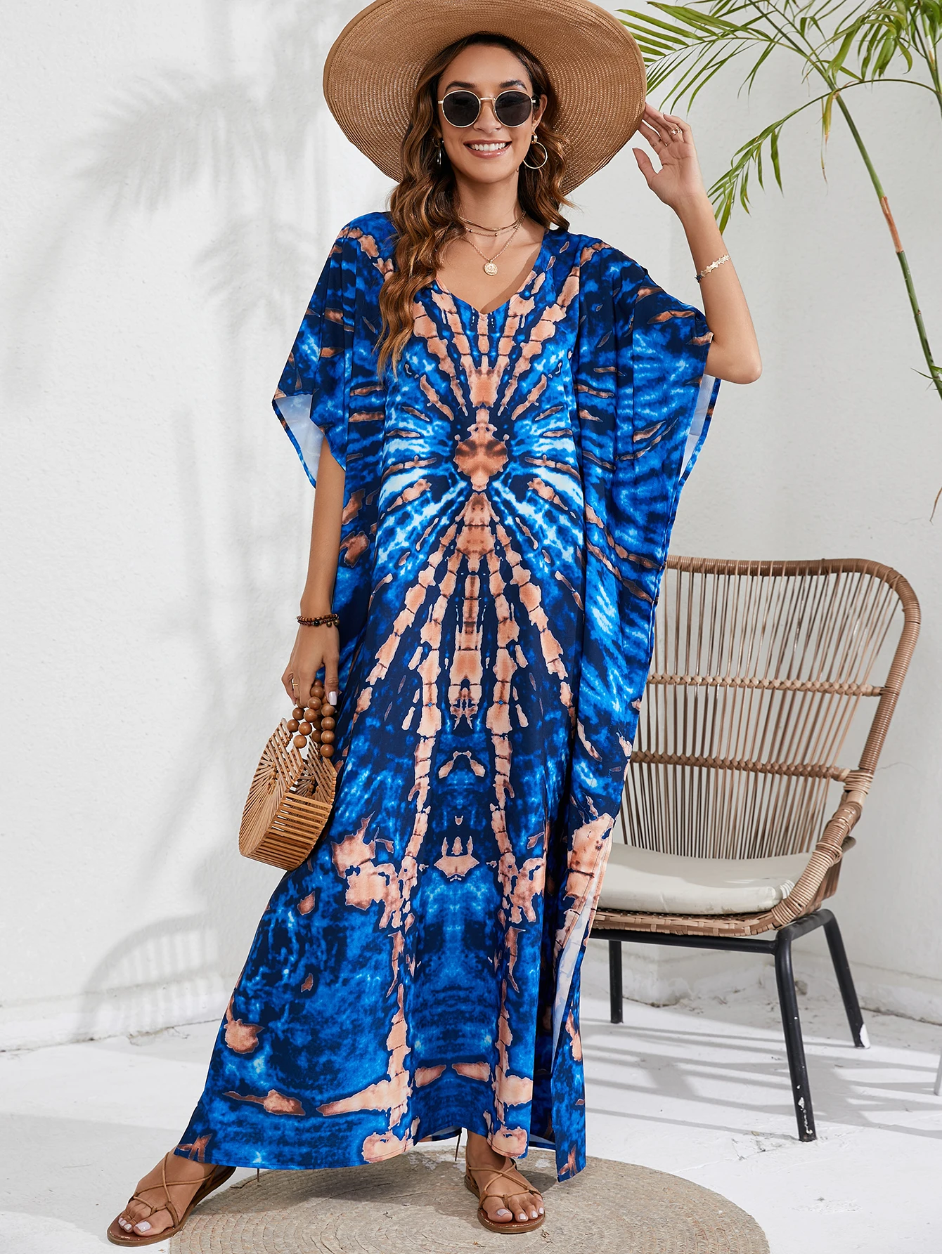 

Women's Summer Beach Cover‑Up Ethnic Printed Kaftan Caftan Vacation Dress for Bikini