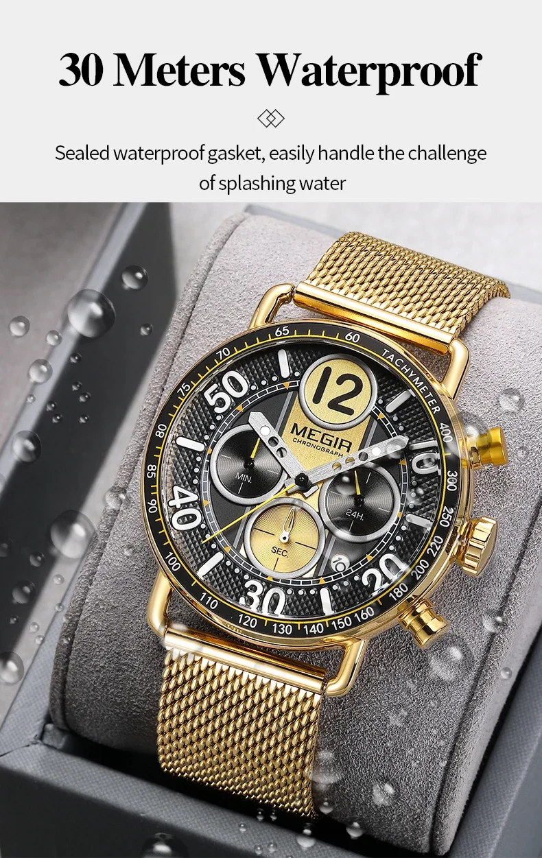 MEGIR Waterproof Quartz Watch with Blue Dial Chronograph Stainless Steel Mesh Strap Date Multifunctional Sports Wristwatch Brig