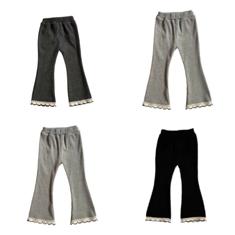 1-10T Spring Autumn New Children Solid Color Lace Bellbottom PantsChildren Casual Versatile Pants Slim Stripes Girls Leggings