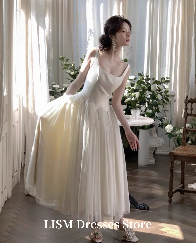 LISM col carré a-ligne corée robes de mariée personnalisé soie Satin Tulle longues robes de mariée élégantes ̄séance Photo