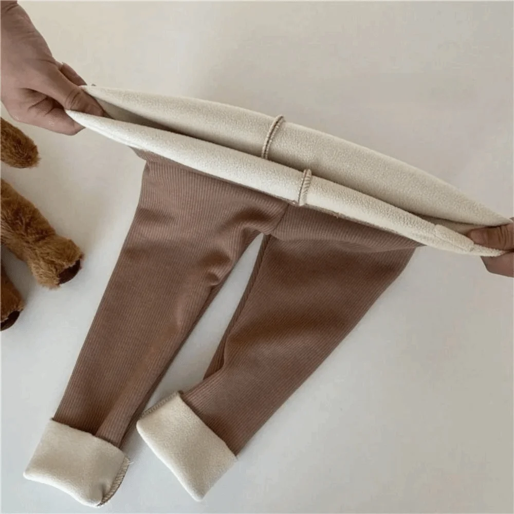Fleece Lined Legging Soft Fabric Bear Patch Long Pants Socks Elastic Waist Warm Thickness Toddler Pantyhose For Girls Boys