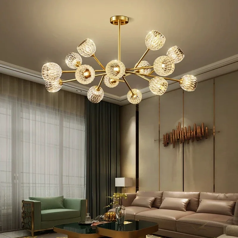 Light Luxury Gold Metal Pendant Light Creative Multi Head Glass Hanging Lamp Villa Light Living Room Bedroom Hotel Decoration