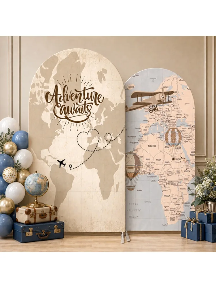 Tło fotograficzne w stylu vintage z mapą świata i motywem samolotów, dekoracja na baby shower, urodziny, rekwizyt do zdjęć. — zdjęcie 2