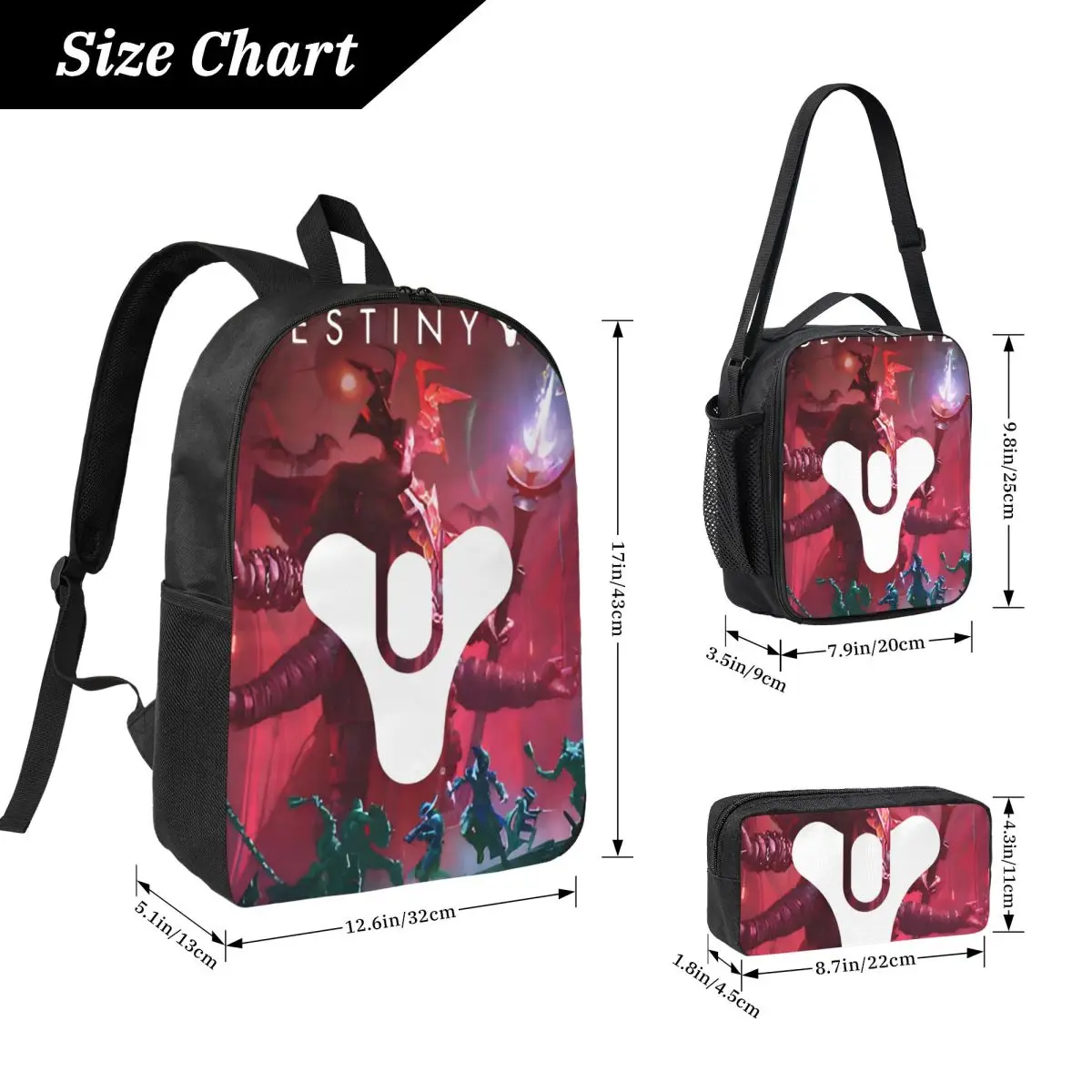 3Pcs Destiny 2 Games Backpack Set for Girls Boys Pencil Boxes Bookbag Sets with Lunch Box For School Students Daypack