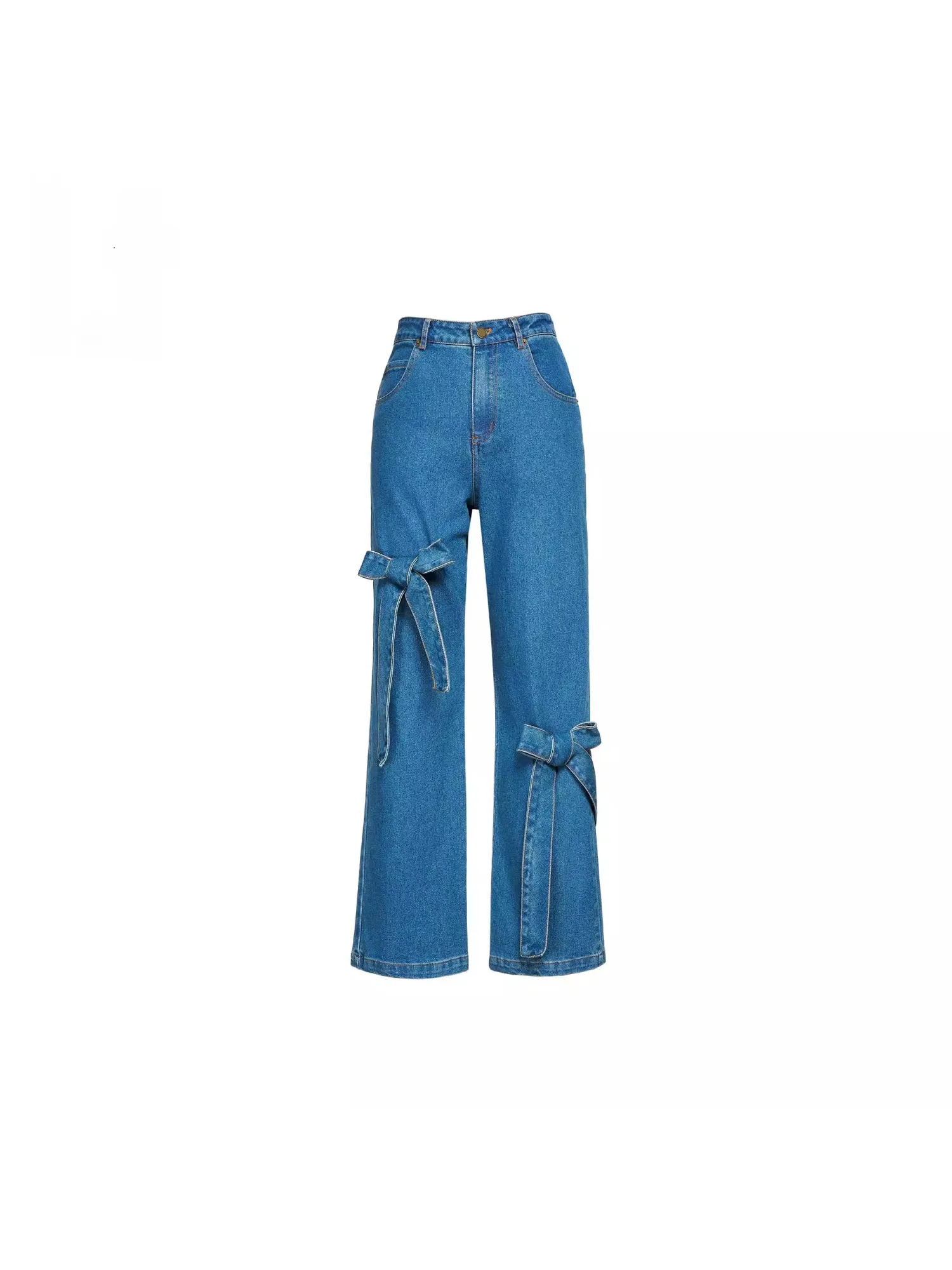 

Chic Knot Design Casual Wide Leg Jeans Women's Spring Autumn New Sle Slimming Straight Leg Pants Cotton Blend