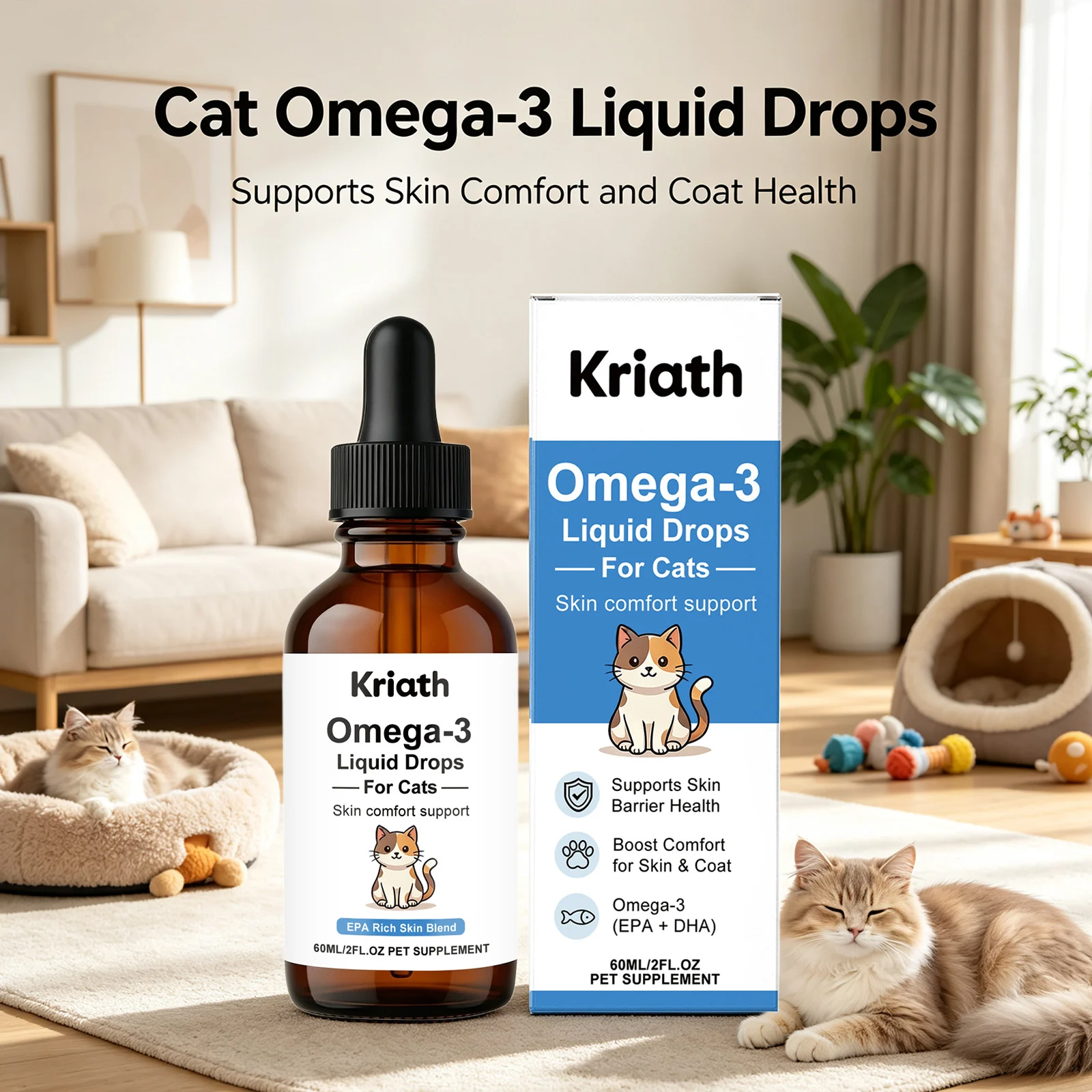 Kriath Cats Omega‑3 Liquid Drop Nourishing Brighten Hair Maintain Daily Vitality Support Skin Care Easy‑absorb Nutritional Drops