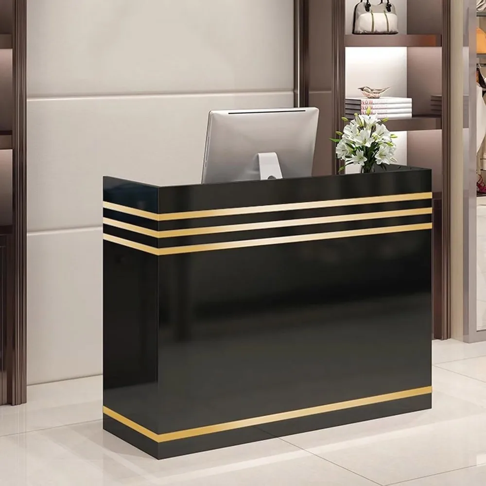 

Reception Desk, Wooden Counter Table for Checkout & Retail, Modern Front Desk Reception Counter with 2 Lockable Drawers, Golden