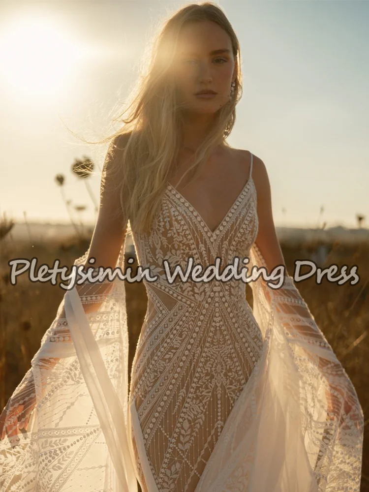 Boho cintas de espaguete vestidos de casamento v profundo sheer renda sereia vestidos de noiva batwing mangas largas vestido de novia personalizado