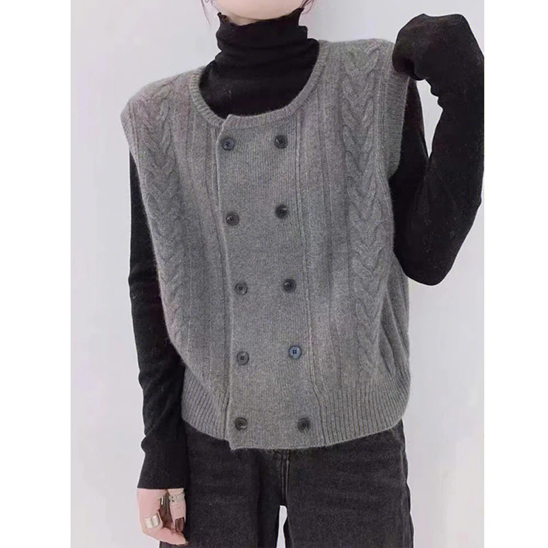 Women Vintage Simple Casual Streetwear Sleeveless Double Breasted Knitted Sweater Vest Y2K Trendy Twist Loose Outewear Waistcoat