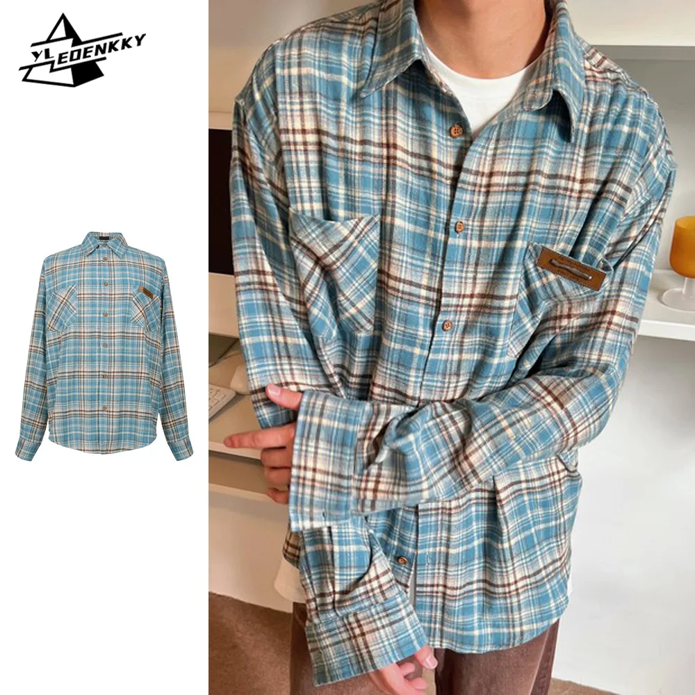 

Spring Autumn Shirts Men Women Retro Striped Lattice Loose Long Sleeves Harajuku Lapel Pocket Embellished Cardigan Unisex Tops