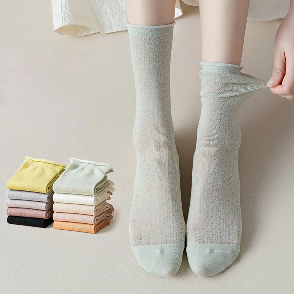 

Colorful One Size Summer Solid Socks Women's Knitted Mesh Breathable Cotton Fabric Mid Length Socks Versatile Pile Up Socks