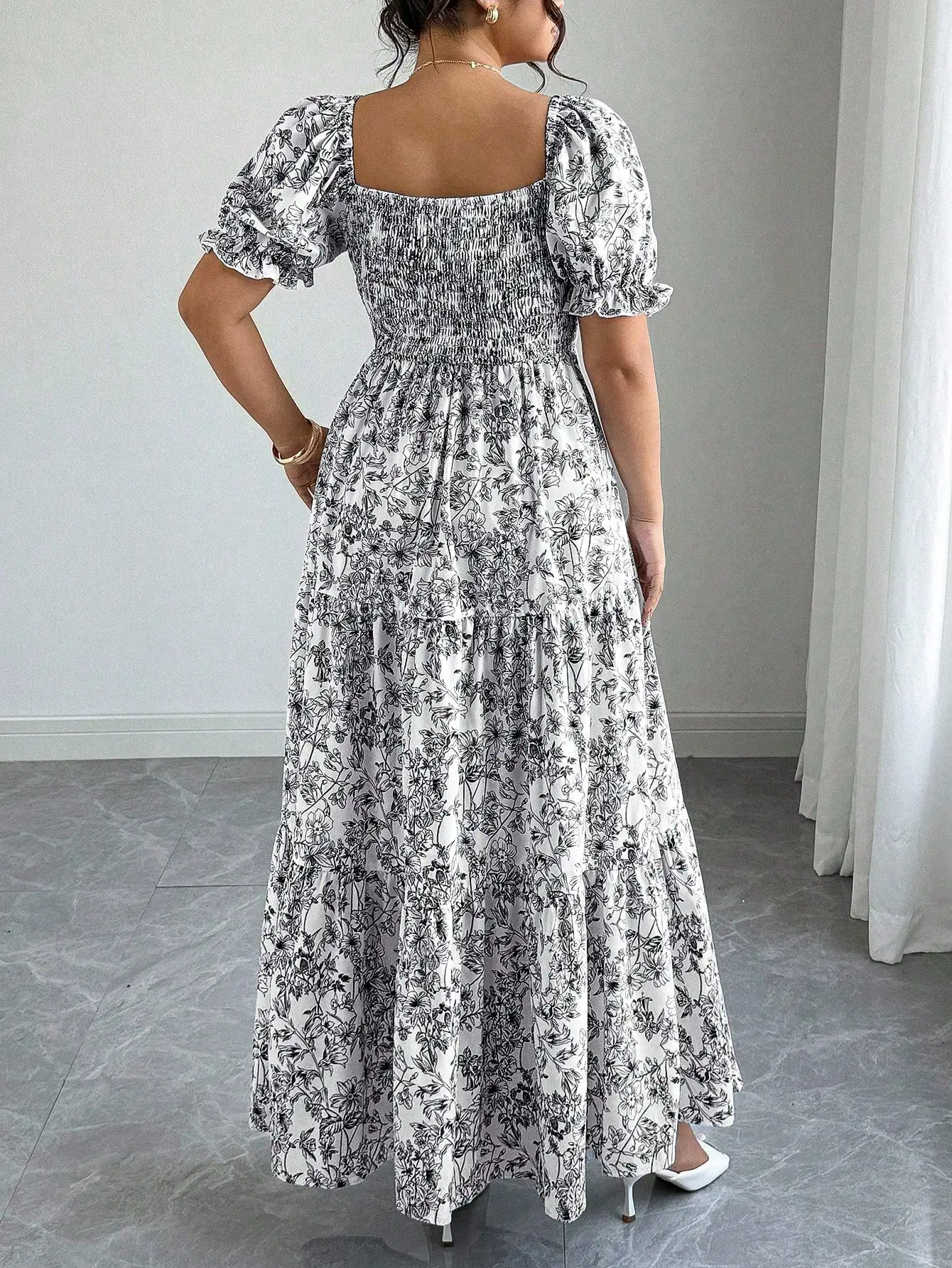 

Bohemian Square Neck Puff Sleeve Shirred Flowy Floral Long Dress For Women