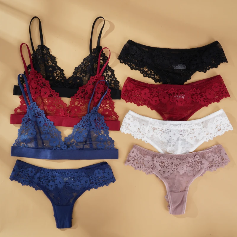 Ensemble de lingerie sexy en dentelle pour femmes, sous-vêtements transparents, courts, ultra-fins, sans fil, soutien-gorge push-up, ensembles de