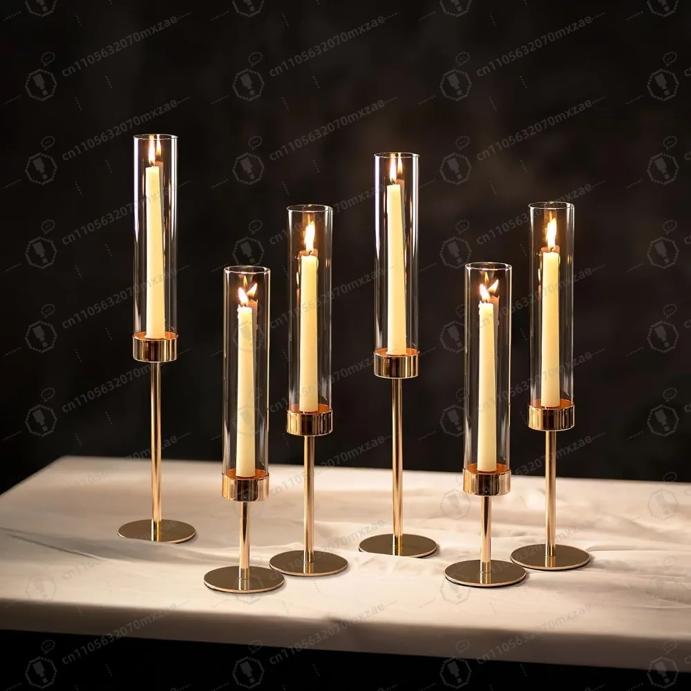 

6 Pcs Modern Hurricane Candle Holders | Elegant Gold Centerpiece with Cylinder Shades to Elevate Your Dining Table Decor