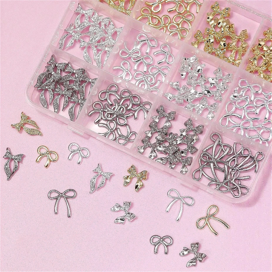

A Box of Gold Silver Line Ribbon Bowknot Rhinestone Rivet Alloy Metal Delciate Nail Art Decorations Resin Manicure Accessories