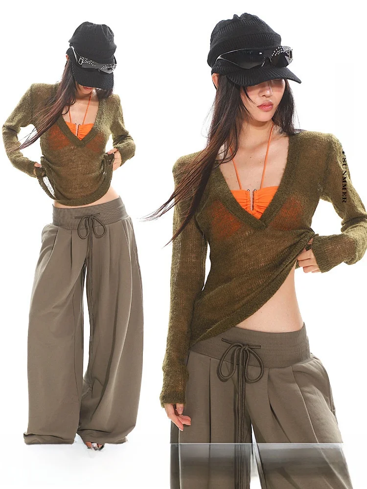 

Приталенный прозрачный повседневный топ с длинным рукавом и V-образным вырезом, сексуальный и соблазнительный женский вязаный свитер-накидка, лето 2025