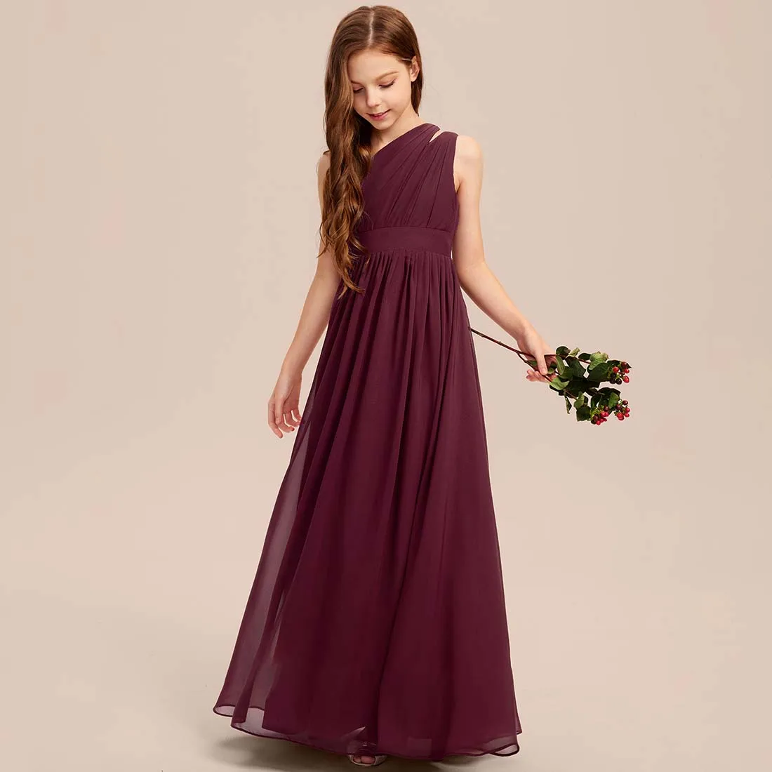 A Line One Shoulder Floor Length Chiffon Junior Bridesmaid Dress Evening Dress New Elegant Banquet Gowns