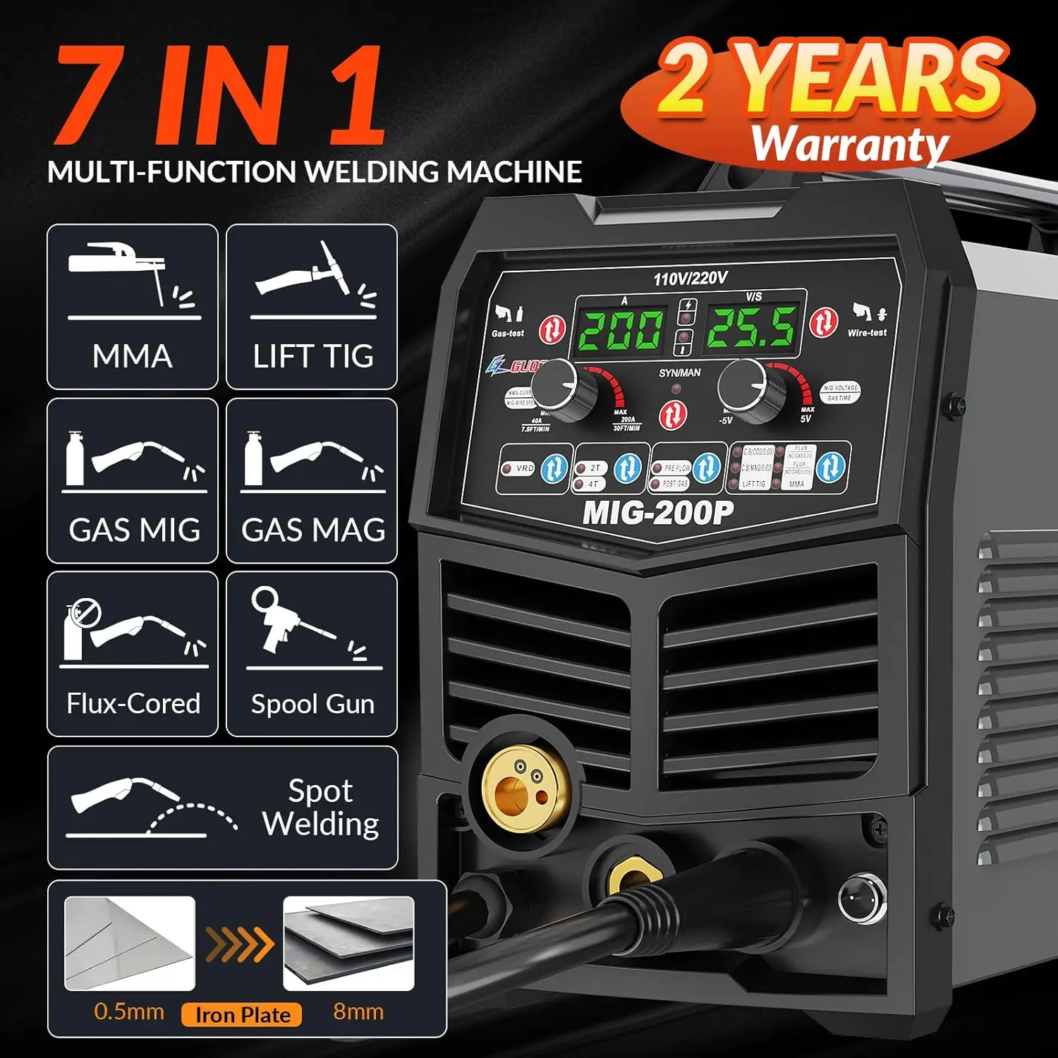 GUOZHI 200A MIG Welder, 7 in 1 Gas MIG/MAG/Gasless Flux Core MIG/Lift TIG/Stick/Spot Welding/Spool Gun Multi-Process, Dual Vo