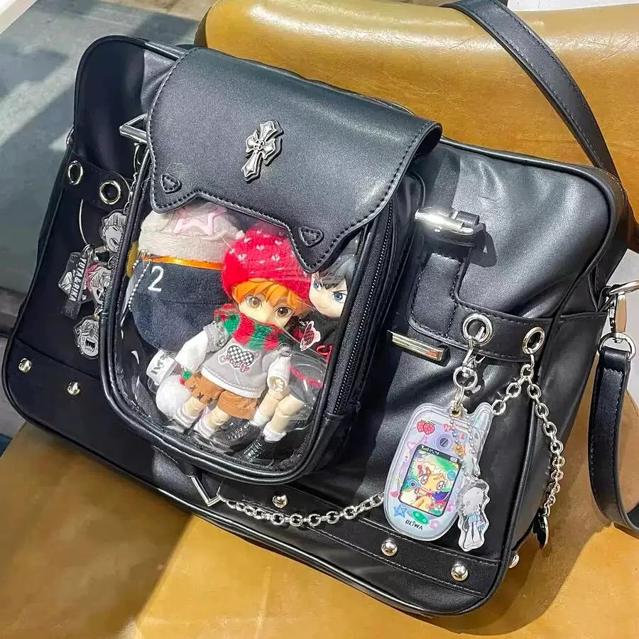 Y2K Black Ita Shoulder Bags Harajuku Girl Transparent Bag Fashion Women Large Capacity Casual Tote Bag Cute DIY Display Handbags