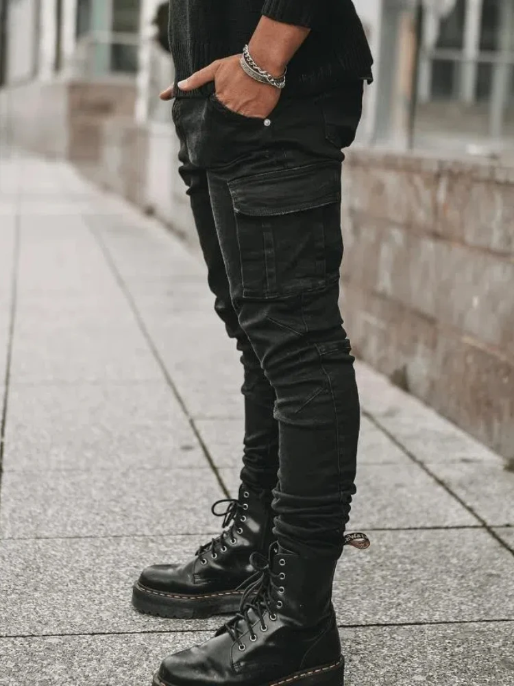 Street Elastic Jeans Männer Denim Cargo hose waschen einfarbige Multi-Taschen lässige Hose mit mittlerer Taille Slim Fit Jogger für den täglichen Gebrauch