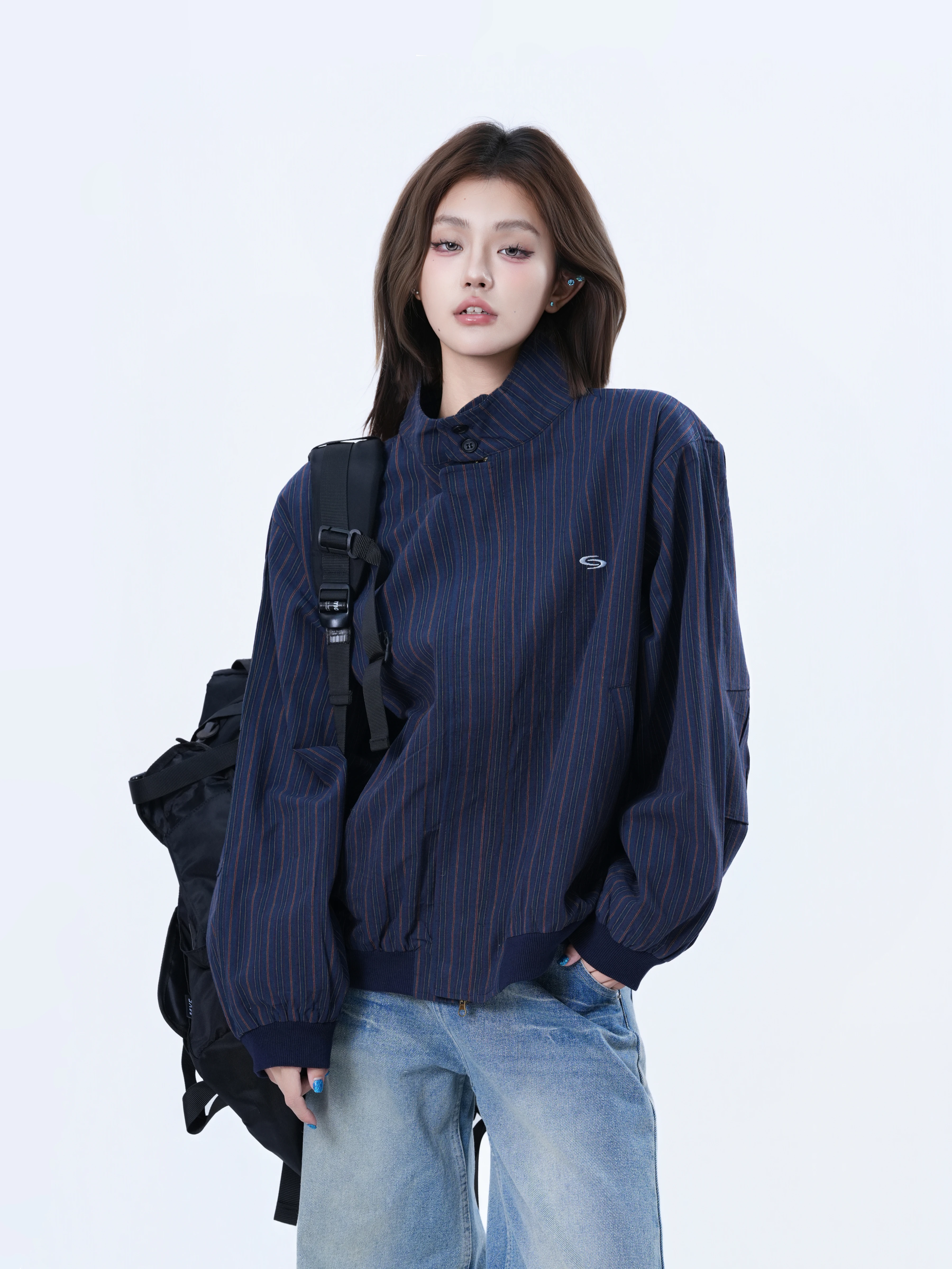 Casual Loose Women's Stripe Collar Jacket American Style Neutral Windproof Cotton 100% Warmth for Couples Small Ball Ball