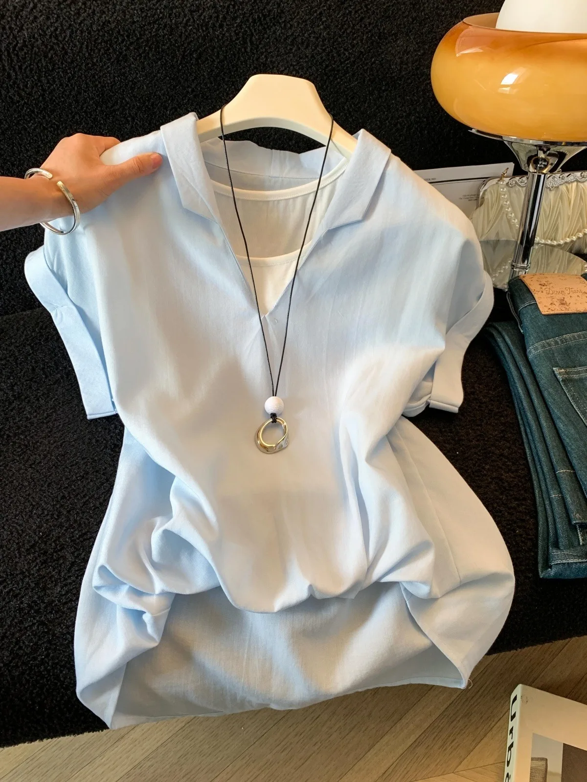 

Уникальная женская летняя модная блузка с V-образным вырезом и коротким рукавом в уличном стиле, с асимметричным дизайном и эффектом двухслойности, топ-обманка