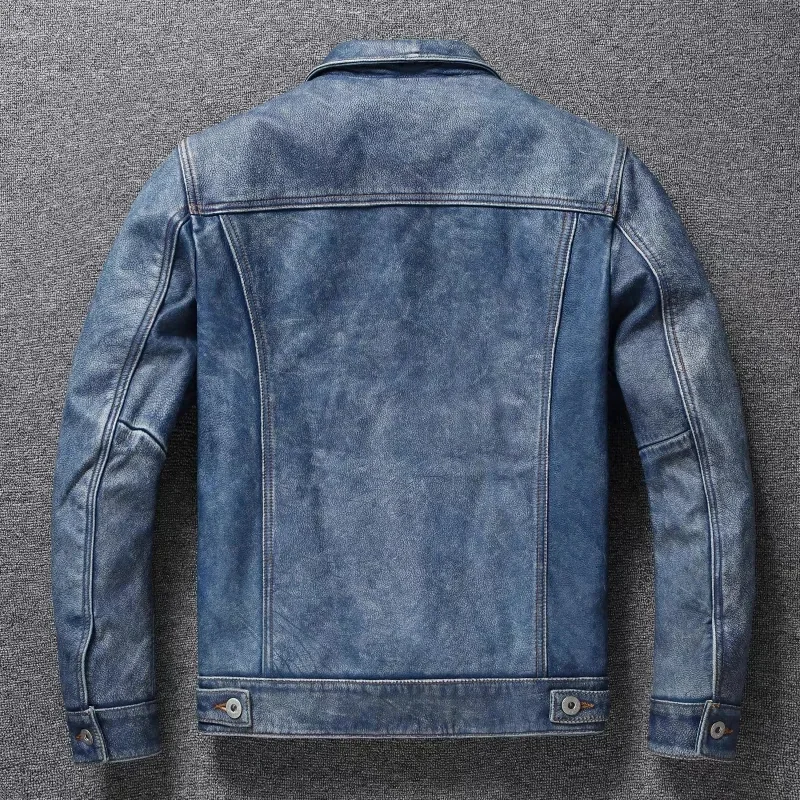 Men's Motorcycle Leather Jacket Light Blue Ami Khaki Retro Graphite Distressed Denim Genuine Leather Jacket Slim Short Jacket 95 S59f643e050ba4ad98dfa6a50d9e5e8e13