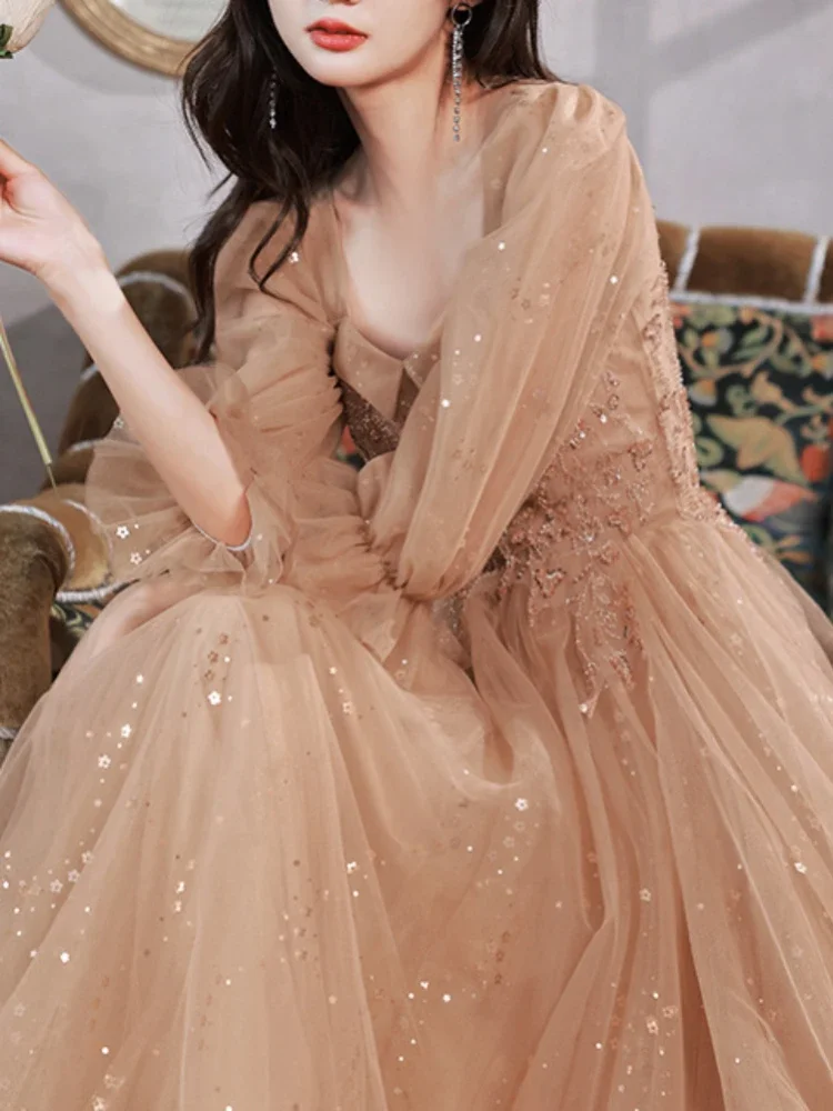 Customized 2024 Spring Summer Party Dress Square Collar Long Puff Sleeve Evening Dress Sequined Appliques Mesh Tiered Design Pro