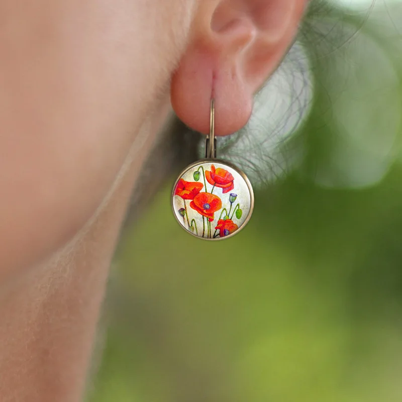 Hot Selling Pop Jewelry Dome Glass Alloy Earrings Flower Painting Noble Fashion Gift