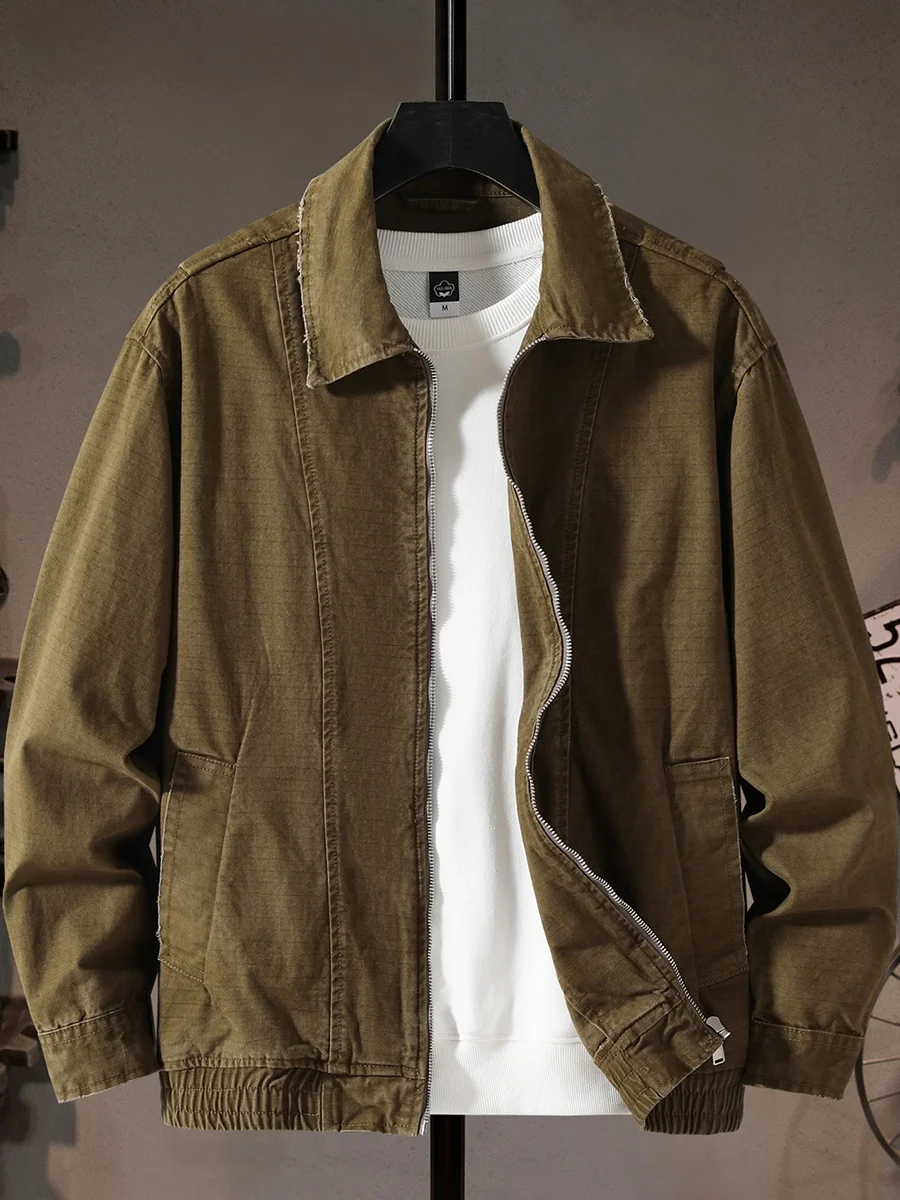 

High-End Waed Distred Jaet Men's Loose Trendy Brand Turn-down Collar Zipper Men's Wear American Retro Cotton Jaet