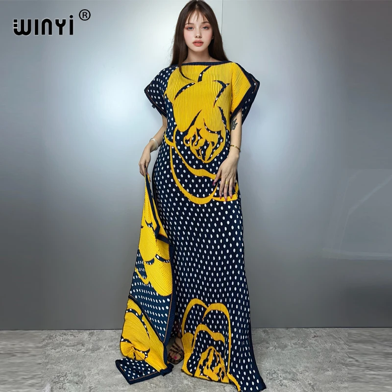 WINYI Gradient print pleated fringed dress Women crumple Design Loose robe Pleated sexy maxi party dresses poncho for women