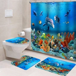 3D Ocean Seabed Animals Toilet Cover Bath Mat Sets Fish Dolphin Printed Bathroom Curtain Set Waterproof Fabric Shower Curtains