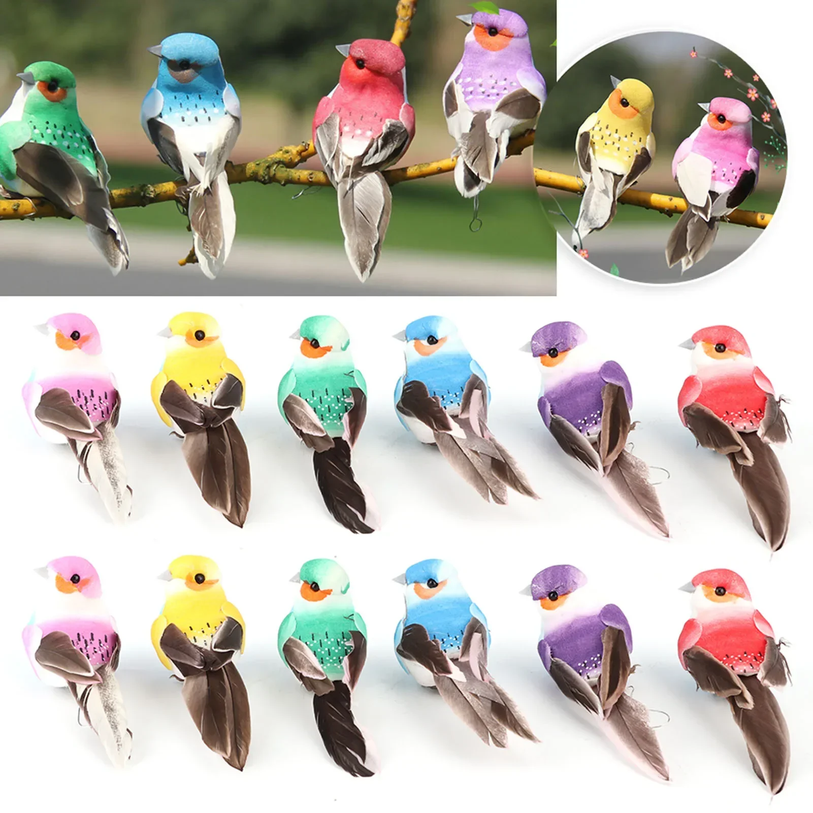 12Pcs Cute Artificial Feather Bird Colorful Simulation Foam Bird Plant Garden Decoration Craft