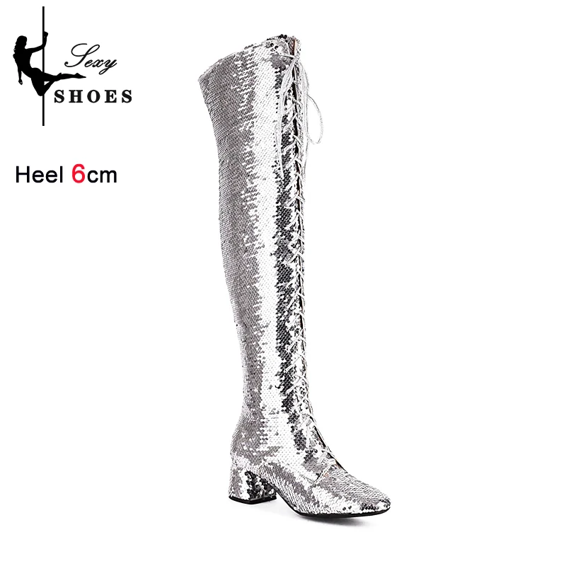 Women Over the knee Sequined Shoes 6CM Chunk Heeled High Heels Night Club Glitter Female Boots Size 33-46 Side Zipper Long Boots